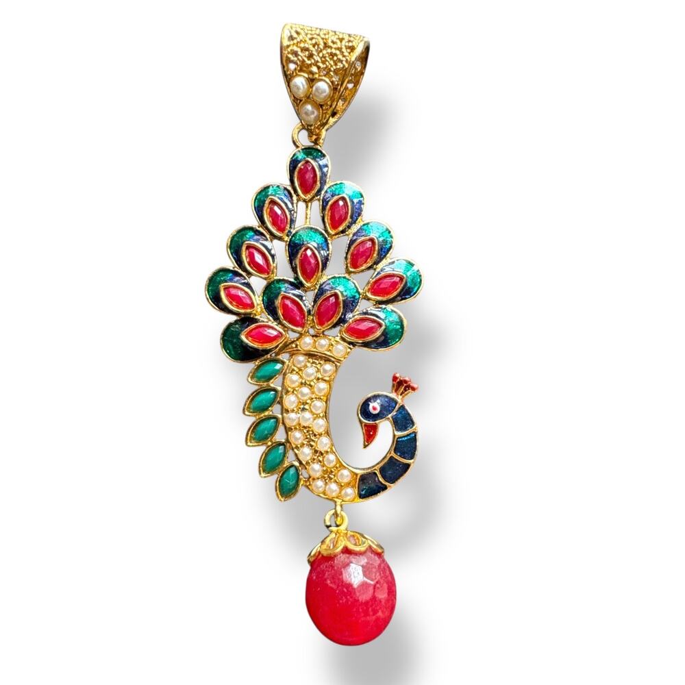 Peacock Large Pendant Red Stone Enamel & Faux Pearl Gold Plated Indian Style